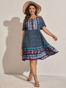 Comfylo Đầm dự tiệc tay ngắn họa tiết hoa hạt điều cỡ lớn cho nữ phong cách Bohemian - Nhiều màu - Xem 3