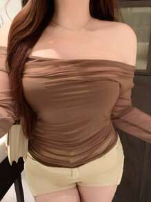 REIGN AVE Plus Size Women Mesh Patchwork Bodycon Off Shoulder Long Sleeve Cropped Top Going Out Tops - Khaki - View 7