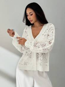 SHEIN PETITE 女士花卉镂空长袖单排扣宽松开衫