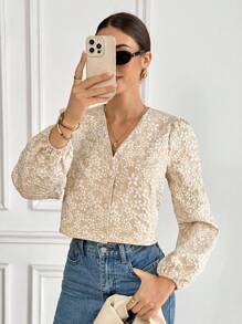 Serisse 女装秋季花卉提花长袖单排扣时尚夹克外套商务休闲女装返校服秋季女装四季服装教师装优雅灯笼袖花卉夹克居家办公 - 杏色 - 查看 4