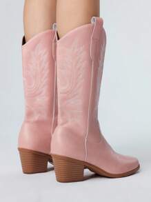 ROMWE Fairycore 女式 2025 春秋新款刺绣尖头一脚蹬粗跟西部牛仔靴，粉色