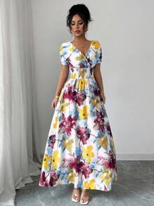 Elenzga Vestido de mujer con estampado floral, cuello en V y manga corta con cierre cruzado delantero