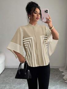 Elenzga 立领数码印花几何线条图案，不对称袖法式优雅衬衫，适合春夏度假 - 卡其色 - 查看 4