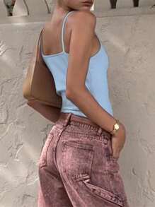INAWLY Women's Plain Color Blue Camisole Top, Summer Fashion - Teal Blue - View 4