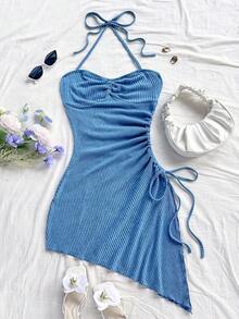 Soleia Đầm midi ôm sát cổ yếm gợi cảm viền chéo cho nữ - Màu xanh lam - Xem 5