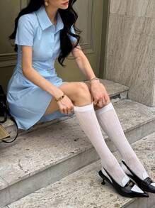 SHEIN Unity 束腰衬衫裙，休闲性感女装 - 藍色 - 查看 4