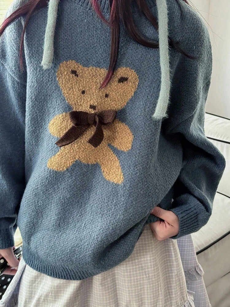 Tween Girls Casual Loose Cartoon Bear Pattern Long Sleeve Pullover Sweater