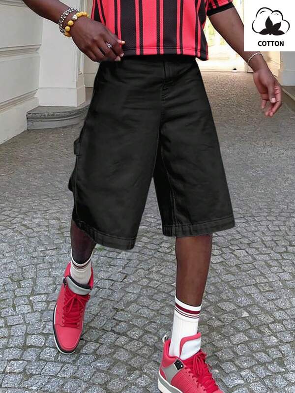 Manfinity Hypemode Men's Solid Patch Pocket Wide Leg Loose Casual Knee-Length Shorts Men Black Cargo Shorts Baggy Cargo Shorts