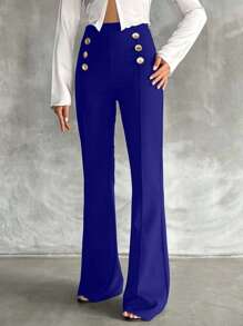 SHEIN Tall Pantalones acampanados de doble botonadura decorativa de talla alta - azul real - Ver 5