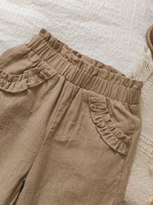 Vintaside Kids 女宝宝休闲时尚直筒裤，荷叶边装饰，田园可爱风格，适合日常穿着、校园、郊游、居家、度假、旅行 - 卡其色 - 查看 3