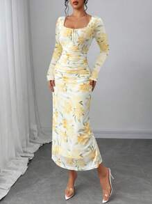 Elenzga Elegante drass aderente da donna con scollo quadrato, fiocco e arricciature, in rete con motivo a rose, charming e sexy per primavera/sopracciglie, la Festa di San Valentino