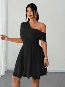 Elenzga 加大码女式优雅浪漫婚礼宾客礼服，雪纺单肩飘逸长裙，适合派对 - 黑色 - 查看 5