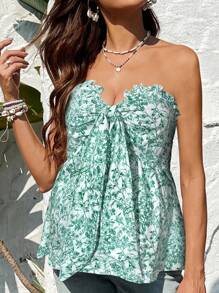 SHEIN 孕妇休闲花卉印花前系带抹胸上衣 - 綠色 - 查看 3