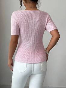 Elenzga Nouveau arrivage Top tricoté à manches courtes avec design mode à clous polyvalent pour femmes, style fille douce pour rendez-vous, automne hiver - Rose bonbon - Voir 3