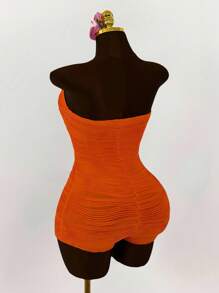 Amplova Plus Size Shell Metal Decor Breast Ruched Bodysuit Romper - Orange - View 2