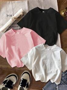 3pcs Tween Girls' Casual Minimalist Vintage Car Graphic White & Black T-Shirts, Suitable For Summer - Multicolor - View 2