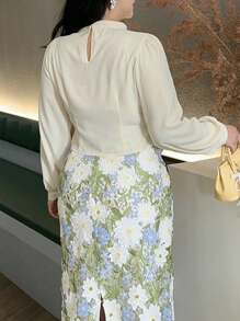 Dazy Plus Blusa de mujer talla grande con contraste de color, cuello alto de malla, manga farol, ropa de mujer de otoño, blusa de manga larga