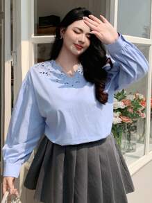 Dazy Plus Plus Size Women Loose Lace V-Neck Long Sleeve Blue Casual Shirt