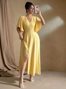 Roveilla 大码女式法式优雅休闲度假下午茶波西米亚风 V 领纽扣装饰 A 字开衩泡泡袖长裙，春夏