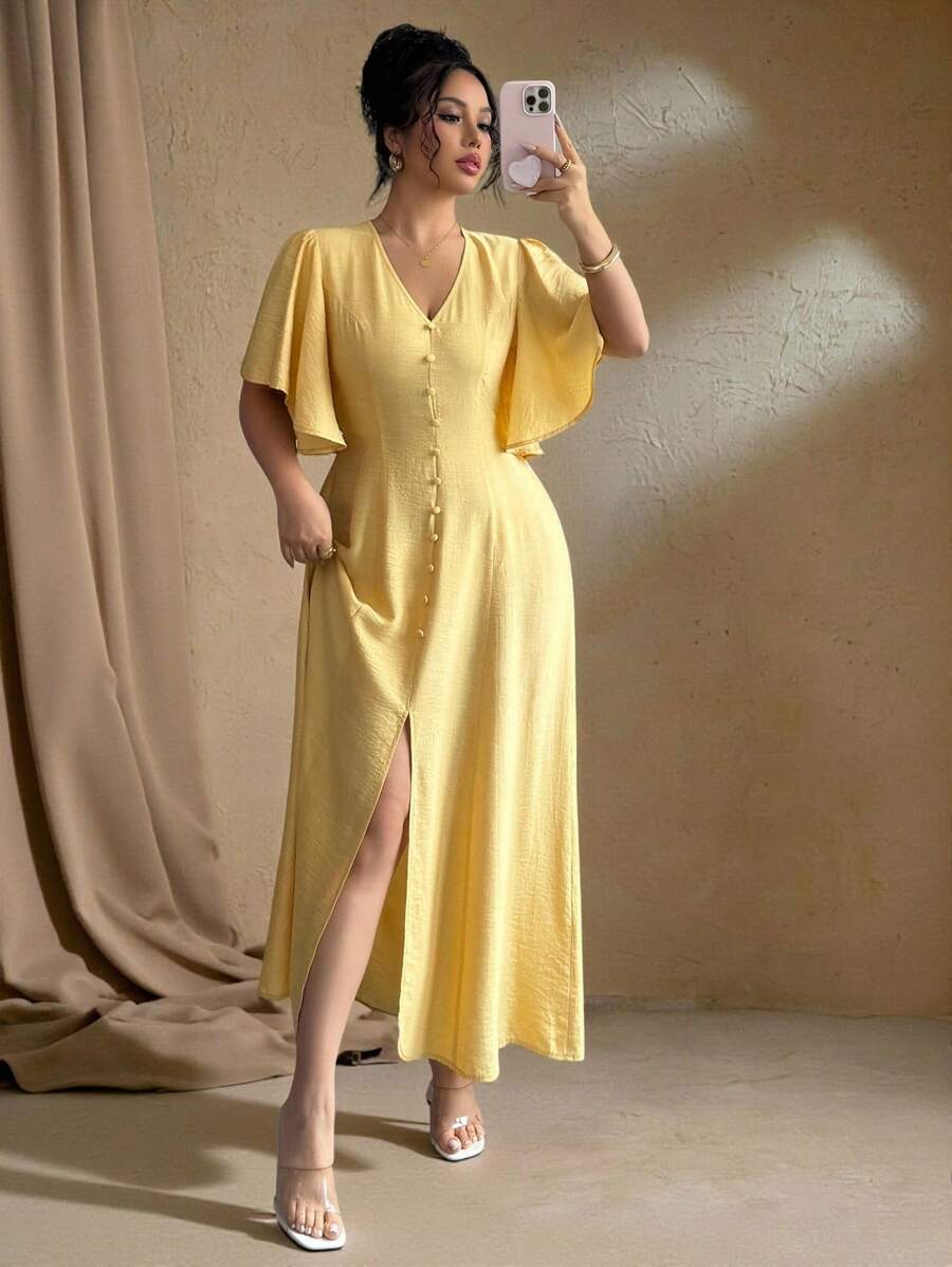 Roveilla 大码女式法式优雅休闲度假下午茶波西米亚风 V 领纽扣装饰 A 字开衩泡泡袖长裙，春夏