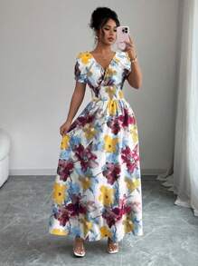 Elenzga Vestido de mujer con estampado floral, cuello en V y manga corta con cierre cruzado delantero
