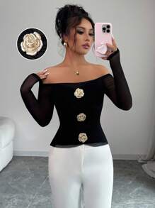 Elenzga 女士优雅露肩透视网眼花卉金属装饰修身 T 恤，春夏