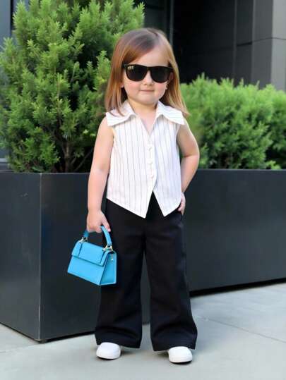 SHEIN 女宝宝时尚可爱都市小套装，精致优雅休闲条纹领上衣搭配弹力腰带黑色时尚喇叭裤，穿着非常舒适，柔软面料呵护宝宝肌肤，让妈妈们轻松打造时尚造型，室内外皆可穿着，是妈妈们的首选。