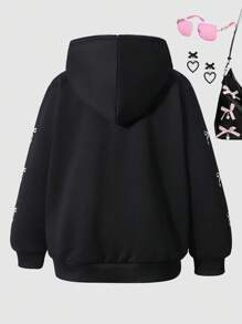 SHEIN Tween Girls' Sweet & Casual Distressed Butterfly Print Hooded Zip-Up Sweatshirt, Spring/Autumn Fall Winter - Black - View 2