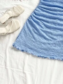 Soleia Pastel Yellow Women's Mini Sundress With Ruffled Neckline, Backless Design, Suitable For Holiday, Date, Afternoon Tea, Vacation, Music Festival, Bohemian Style Baby Blue Dress Blue Summer Dress Blue Vacation Dress Powder Blue Dress Blue Dress Summer - Blue - View 3