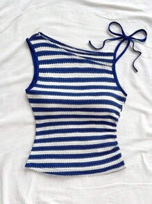 Soleia Women's Vacation Red & White Striped Knit Asymmetrical Neck Fitted Top, Suitable For Party, Christmas, Date, Beach, Cruise, Carnival, Summer Striped Tank Top Striped Summer Top Summer Tops Women Blue And White Striped Top Knit Tank Top
