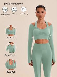 VARSIVA 女士纯色褶皱插肩袖短款运动T恤 - 薄荷綠 - 查看 6