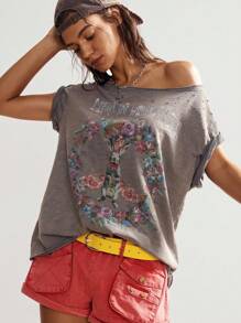 Bohemela Casual Solid Color Knit Asymmetrical Neck Short Sleeve Loose Washed Women T-Shirt - Grey - View 5