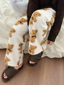 DAZY Tween Girl Bear Print Warm Pajama Pants Thermal Lined,Winter - White - View 3