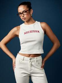 MISSGUIDED Michigan University Ribbed Tank Top Sleeveless College Tank Top Summer Campus Wear Fitted Crop Top Athleisure Basic White Varsity - White - View 5