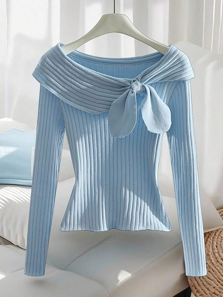 SHEIN Franclia ملابس علوية كنزة طويلة الأكمام مناسبة للقيادة الأنيقة الفرنسية للخريف والشتاء - الأزرق - مشاهدة 1