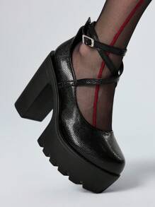 ROMWE Giày Mary Jane phong cách Punk Rock Gothic tối màu dành cho nữ, mũi kín, quai chéo, gót dày, khóa cài, giày đồng phục JK Nhật Bản, đế xuồng chống thấm nước, giày cao gót công sở trang trọng, giày Halloween - màu đen - Xem 3