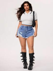 Rivivi Shorts vaqueros sueltos y desgastados con decoración de cadena para tallas grandes