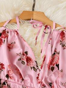 Sweetra 大码女式露背度假花卉印花吊带背心连体衣，双层下摆 - 彩色 - 查看 5