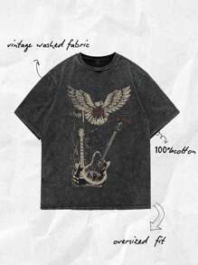 Tseoso Women's Casual Loose Vintage Boho Western Eagle Guitar Print Crew Neck Short Sleeve T-Shirt, Suitable For Summer - Black - View 1