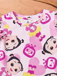 CoComelon X SHEIN Váy ngủ mùa hè chống cháy tay lửng dáng rộng in họa tiết hoạt hình trái tim màu hồng cho bé gái - Hồng - Xem 6