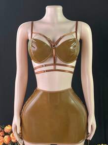 3件套PU皮革性感内衣套装[胸罩+丁字裤+迷你裙] - 棕色 - 查看 6