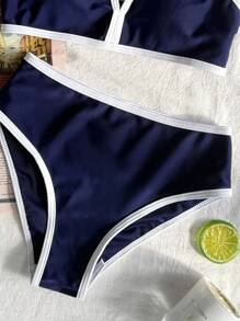 SHEIN Tween Girls' Casual Beach Vacation Vintage Color Contrast Criss-Cross Strap Bikini Set, Navy Blue - Royal Blue - View 4