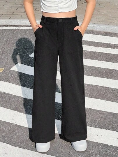 SHEIN 青少年女孩休闲时尚百搭口袋半松紧腰紧身直筒黑色裤子，返校季