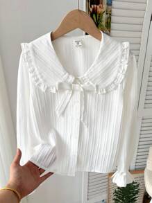 少女休闲校服白色长袖衬衫，翻领荷叶边装饰，纽扣前襟，纹理编织面料，纯白色，适合返校季和秋冬季穿着。 - 白色 - 查看 2