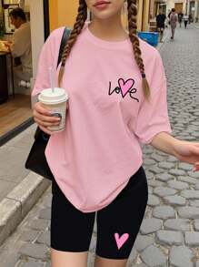 SHEIN 2 件套青少年女孩休闲简约手绘心形爱心图案短袖宽松 T 恤和紧身裤，粉色，适合夏季 - 彩色 - 查看 1