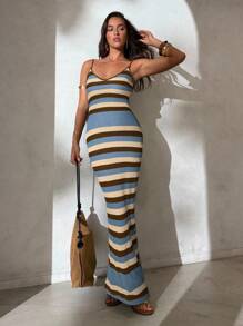 Aloruh Women's Spring/Summer New Knitted Dress, Crochet Dress With Criss-Cross Halter Neck And Open Back, Striped Bohemian Maxi Dress, Vacation Dress, Elegant Dress For Women - Multicolor - View 4