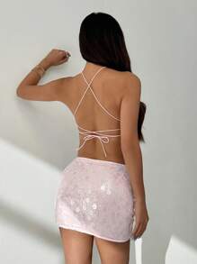 SHEIN PETITE 女式纯色亮片不对称下摆露背上衣和紧身迷你裙两件套 - 粉色 - 查看 3