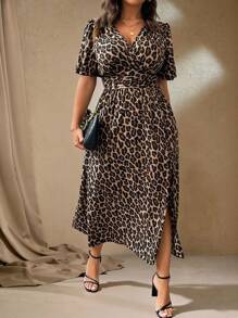 Roveilla Plus Size Women Leopard Print V-Neck Short Puff Sleeve Side Split Hem Fashionable Dress Maxi Women Outfit - Brown - View 3