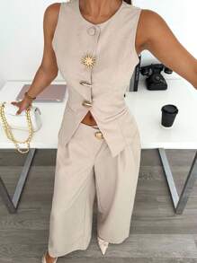 Siren Gaze 女式不对称金属扣装饰西装套装、无袖背心和阔腿裤两件套 - 杏色 - 查看 1