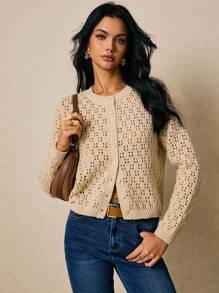 Poéselle Beige Crochet Knit Cardigan – Long Sleeve Hollow Out Button Down Sweater For Women,Crochet Cardigan Women,Knit Cardigan Sweater,Button Down Cardigan,Beige Knit Cardigan,Lightweight Cardigan,Boho Cardigan Women, Knitted Cardigan For Women In Fall/Winter - Apricot - View 1
